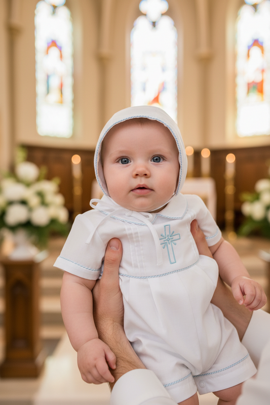 Baby in a white outfit with a cross, held in a church setting with stained glass windows.