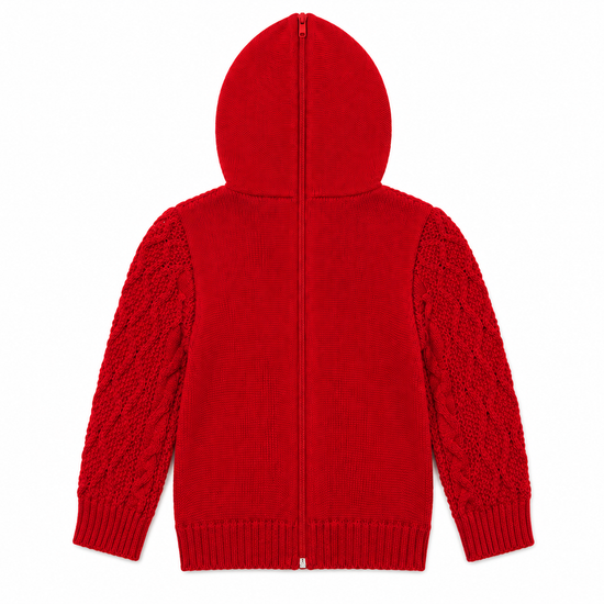 Red hoodie with cable knit sleeves on a white background