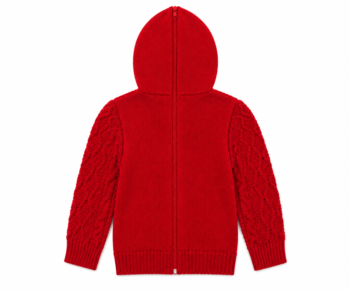 Red hoodie with cable knit sleeves on a white background