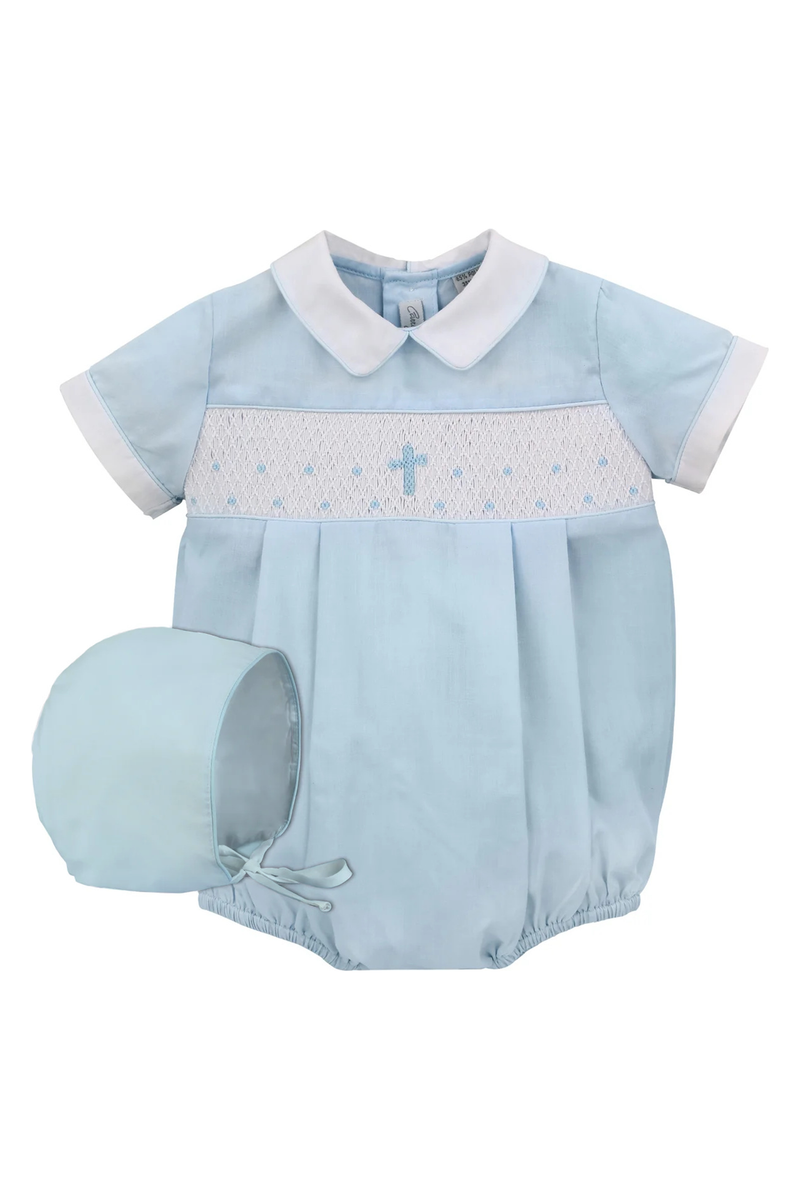 Baby Boy Hand Smocked Christening Baptism Blue Cross Bubble- White Collar