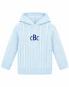 Carriage Boutique baby blue cable-knit hooded sweater with navy blue monogram embroidery on the chest