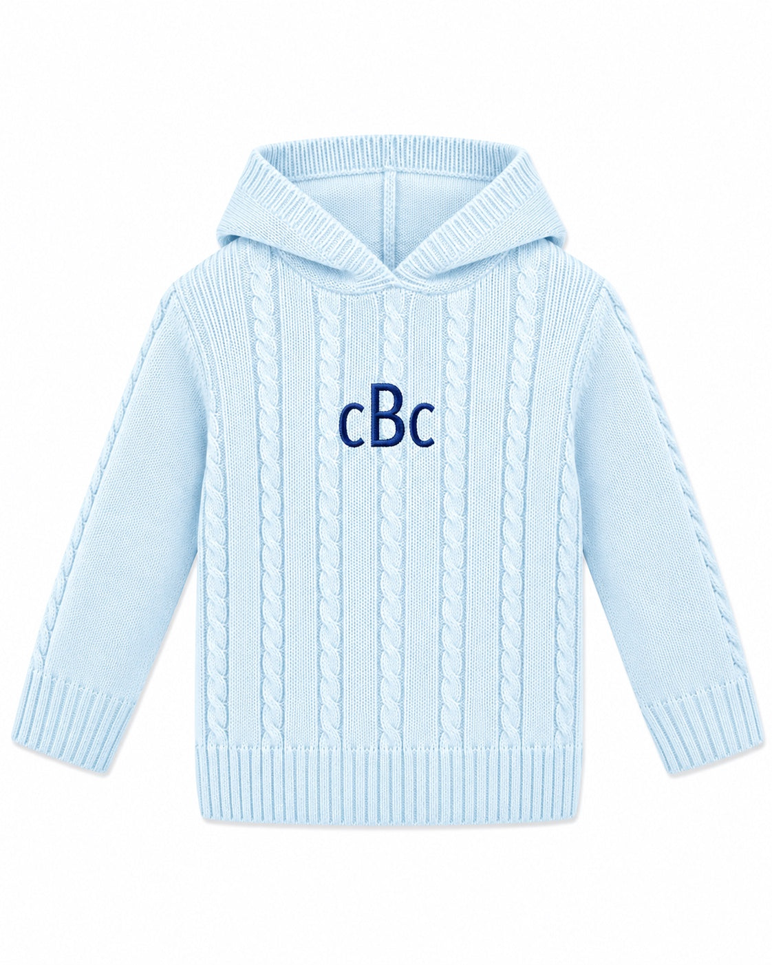 Carriage Boutique baby blue cable-knit hooded sweater with navy blue monogram embroidery on the chest