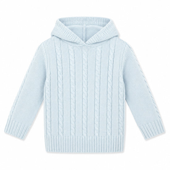 Carriage Boutique baby blue cable knit hooded sweater in soft cotton with ribbed cuffs and hem