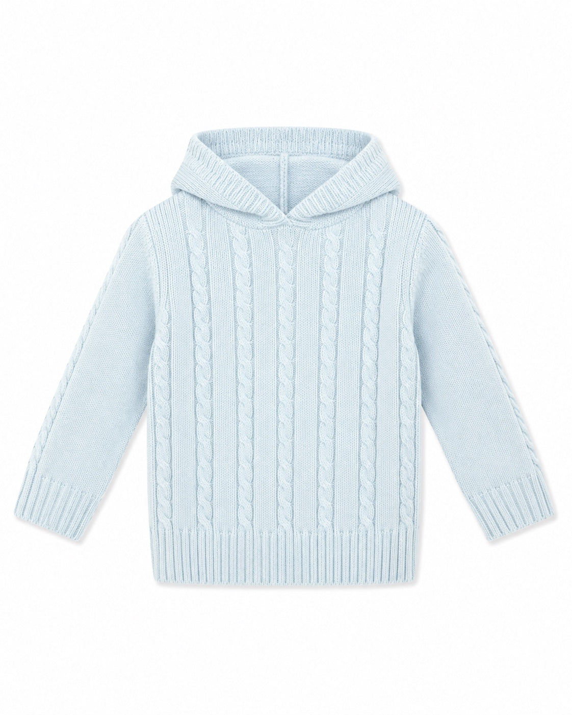 Carriage Boutique baby blue cable knit hooded sweater in soft cotton with ribbed cuffs and hem