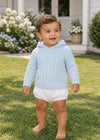 Carriage Boutique baby blue cable knit hooded sweater worn by a toddler standing on a green lawn.