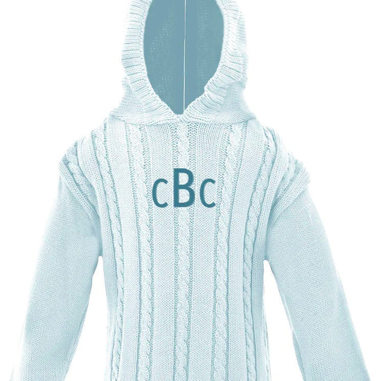 Carriage Boutique baby blue cable knit hooded sweater in soft cotton with a monogrammed chest detail
