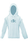 Carriage Boutique baby blue cable knit hooded sweater in soft cotton with a monogrammed chest detail