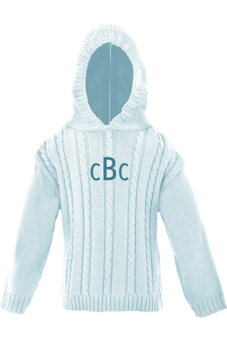 Carriage Boutique baby blue cable knit hooded sweater in soft cotton with a monogrammed chest detail