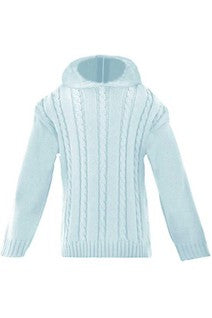 Carriage Boutique baby blue cable knit cotton sweater with ribbed cuffs and a convenient back zipper closure.