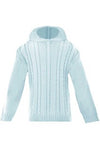 Carriage Boutique baby blue cable knit cotton sweater with ribbed cuffs and a convenient back zipper closure.