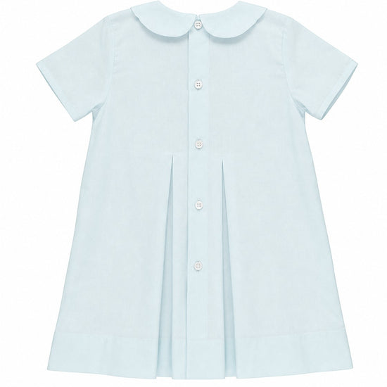 Carriage Boutique baby blue heirloom dress with Peter Pan collar, short sleeves, and back button closure.