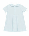 Carriage Boutique baby blue heirloom dress with Peter Pan collar, short sleeves, and back button closure.