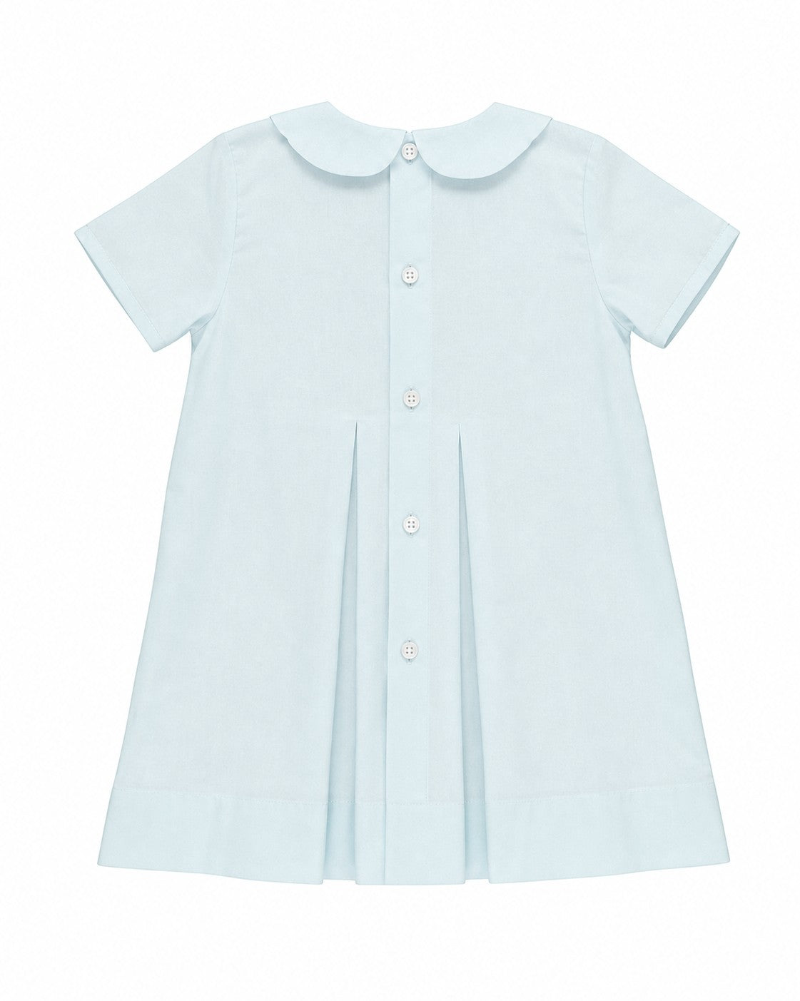 Carriage Boutique baby blue heirloom dress with Peter Pan collar, short sleeves, and back button closure.