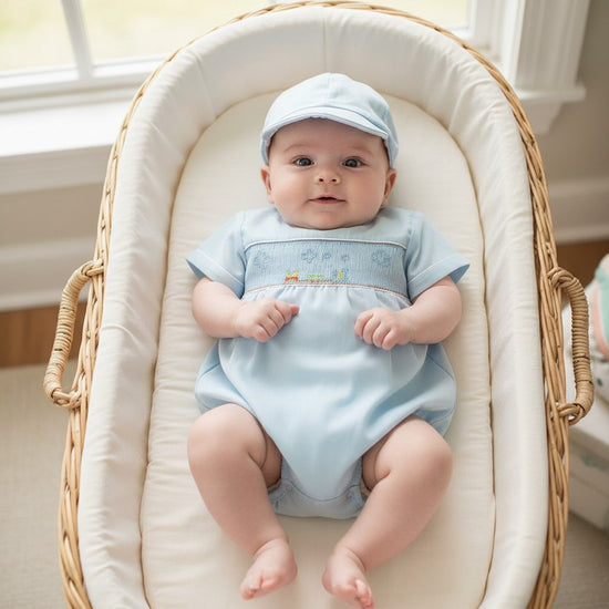 Carriage Boutique baby boy light blue bubble romper with train smocking and matching hat.