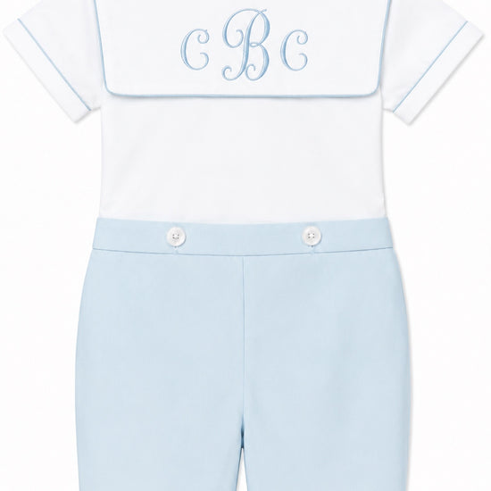 Carriage Boutique white and light blue cotton bobby suit with embroidered monogram for baby boys