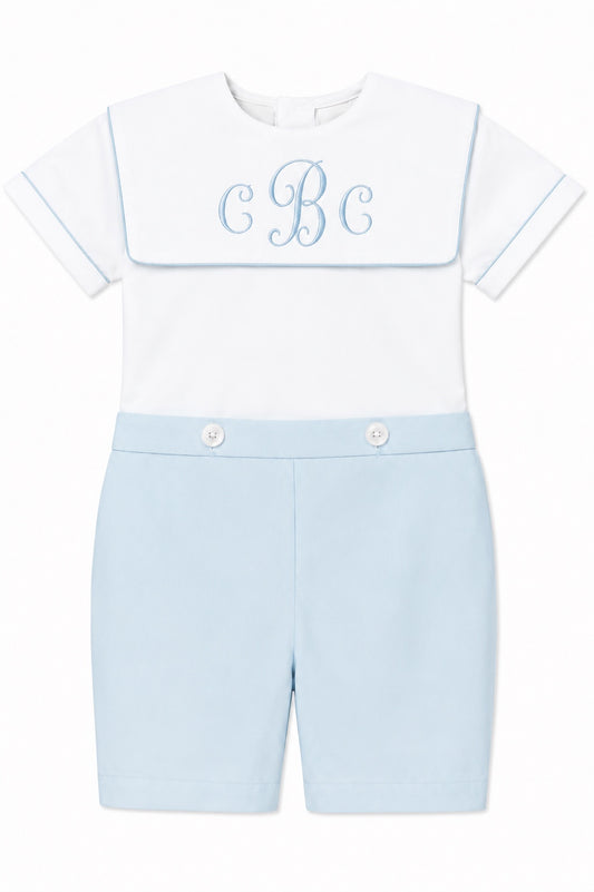 Carriage Boutique white and light blue cotton bobby suit with embroidered monogram for baby boys