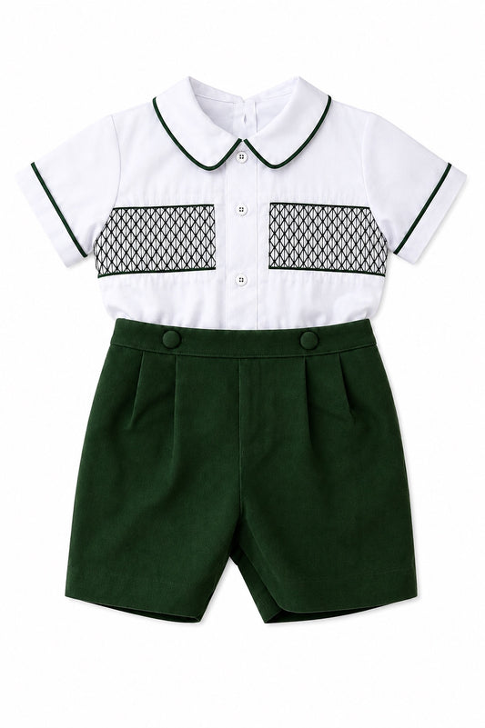 Carriage Boutique baby boy white and hunter green corduroy bobby suit with smocked chest detail and peter pan collar