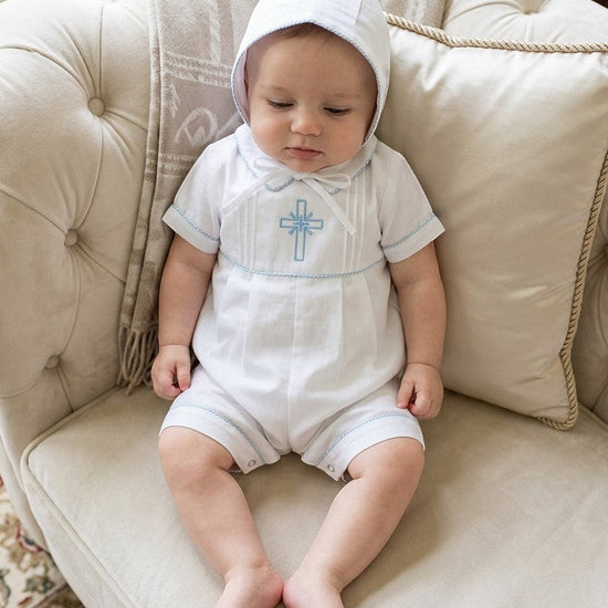 Carriage Boutique baby boy white cotton christening bobby suit with blue smocked cross detail and matching bonnet