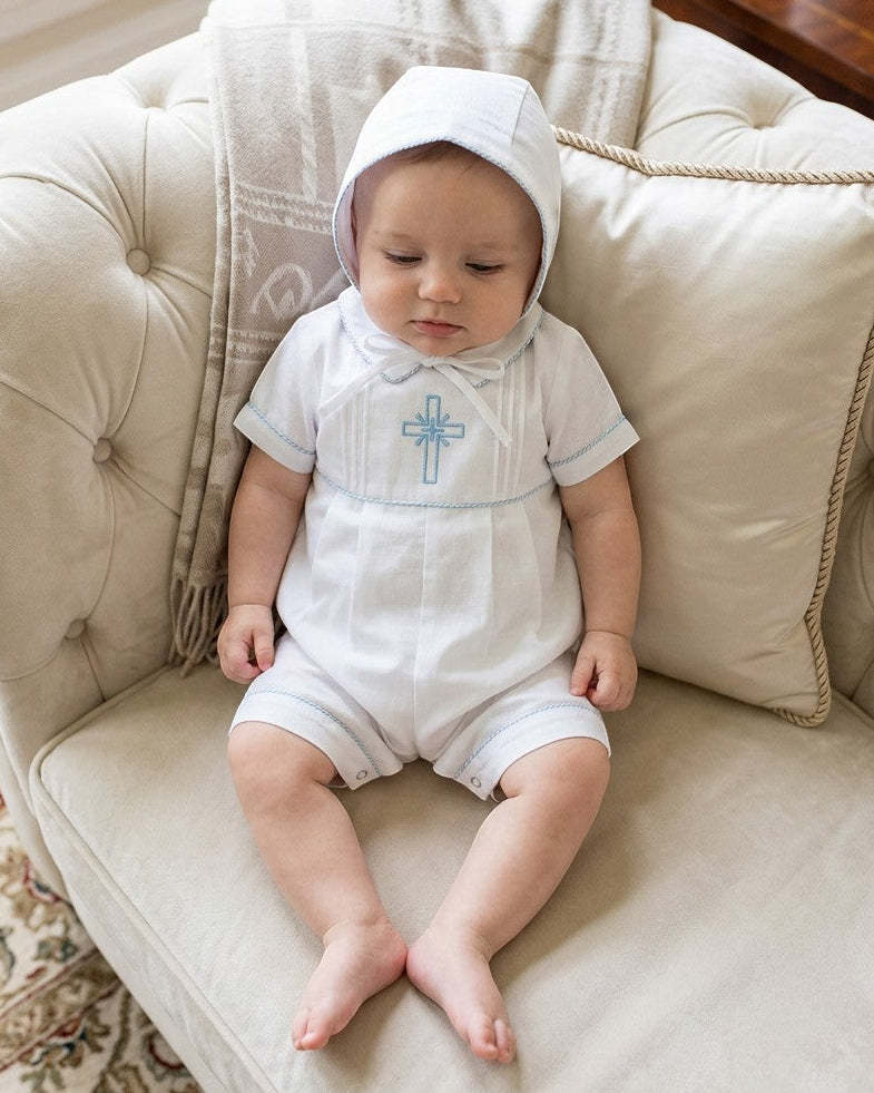 Carriage Boutique baby boy white cotton christening bobby suit with blue smocked cross detail and matching bonnet
