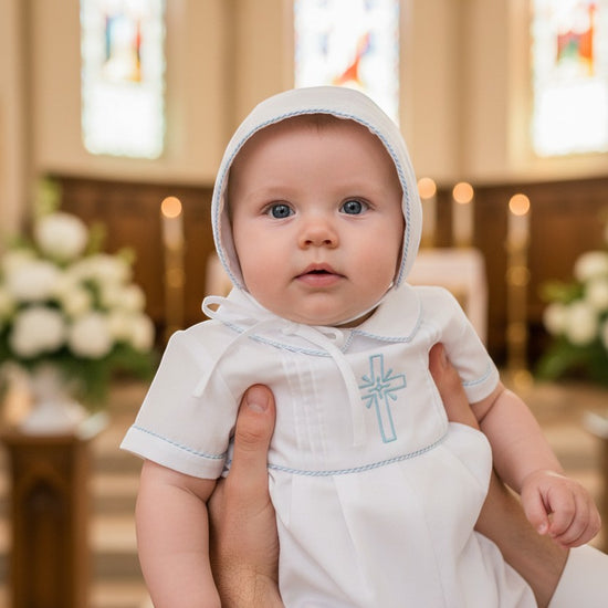 Carriage Boutique baby boy white cotton christening bobby suit with blue smocked cross and matching bonnet in church