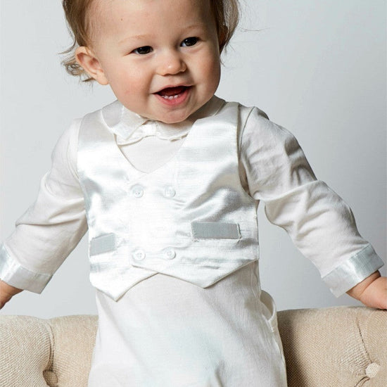 Carriage Boutique baby boy christening footsie with elegant white silk vest and long sleeve cotton interlock bodysuit