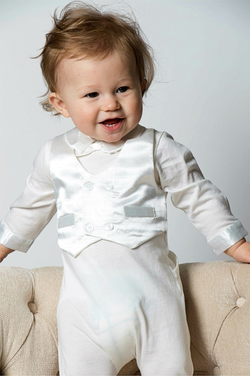 Carriage Boutique baby boy christening footsie with elegant white silk vest and long sleeve cotton interlock bodysuit