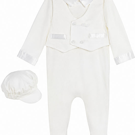 Carriage Boutique baby boy white christening footsie with silk vest and matching cap in soft interlock cotton.