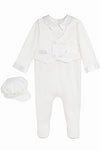 Carriage Boutique baby boy white christening footsie with silk vest and matching cap in soft interlock cotton.