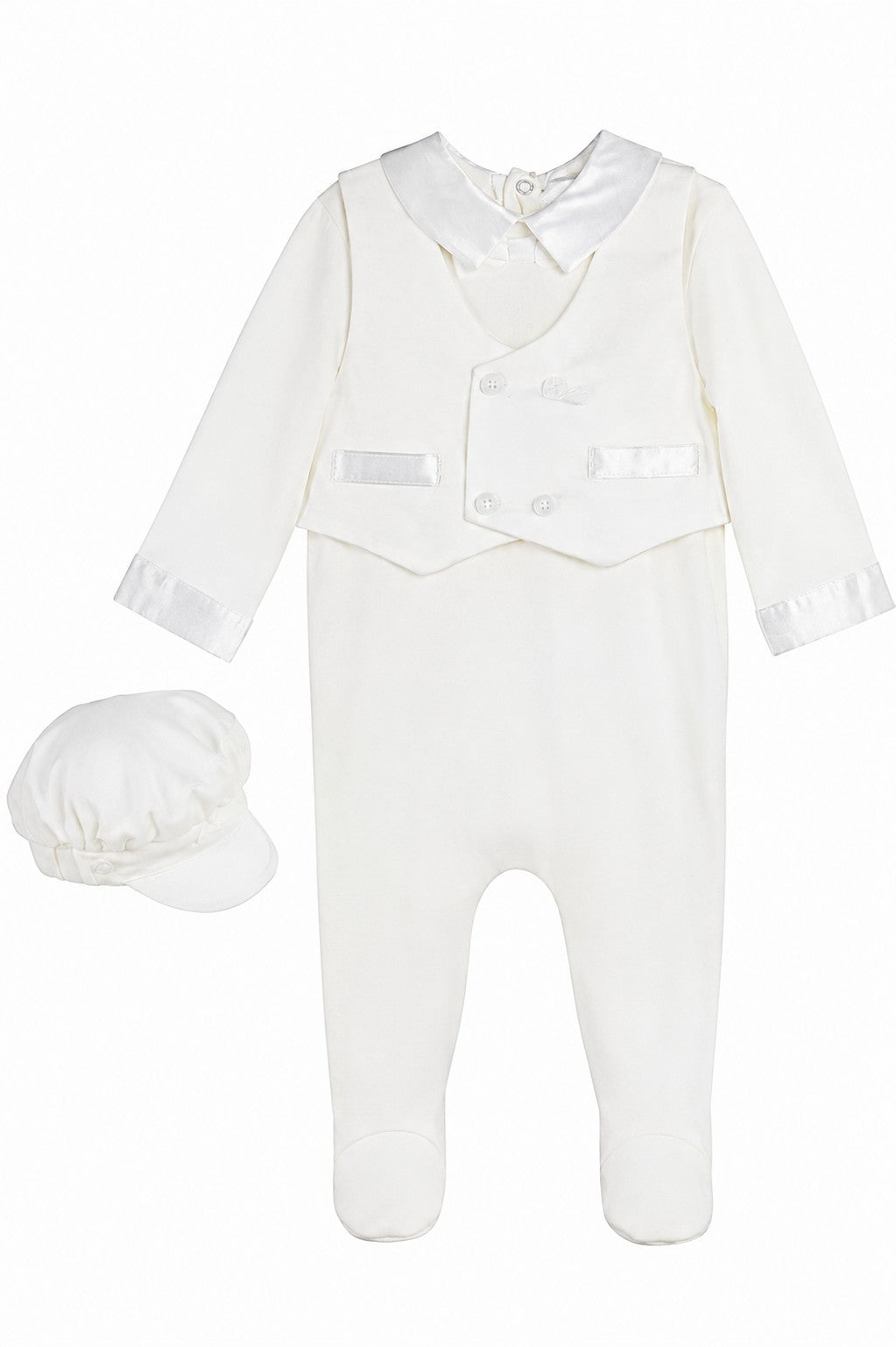 Carriage Boutique baby boy white christening footsie with silk vest and matching cap in soft interlock cotton.