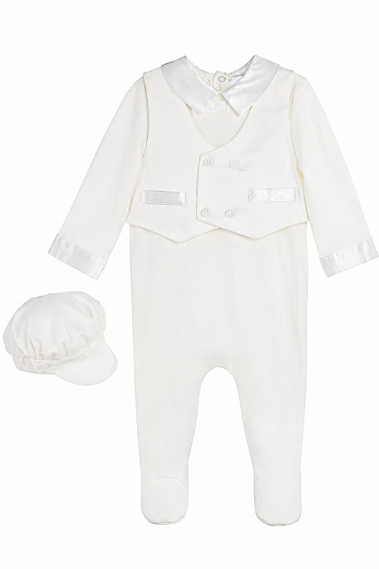 Carriage Boutique baby boy white christening footsie with silk vest and matching cap in soft interlock cotton.