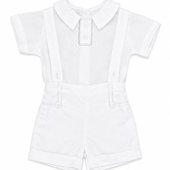 Carriage Boutique white linen cotton baby boy christening short set with suspenders and hand embroidered details