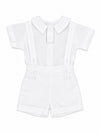 Carriage Boutique white linen cotton baby boy christening short set with suspenders and hand embroidered details