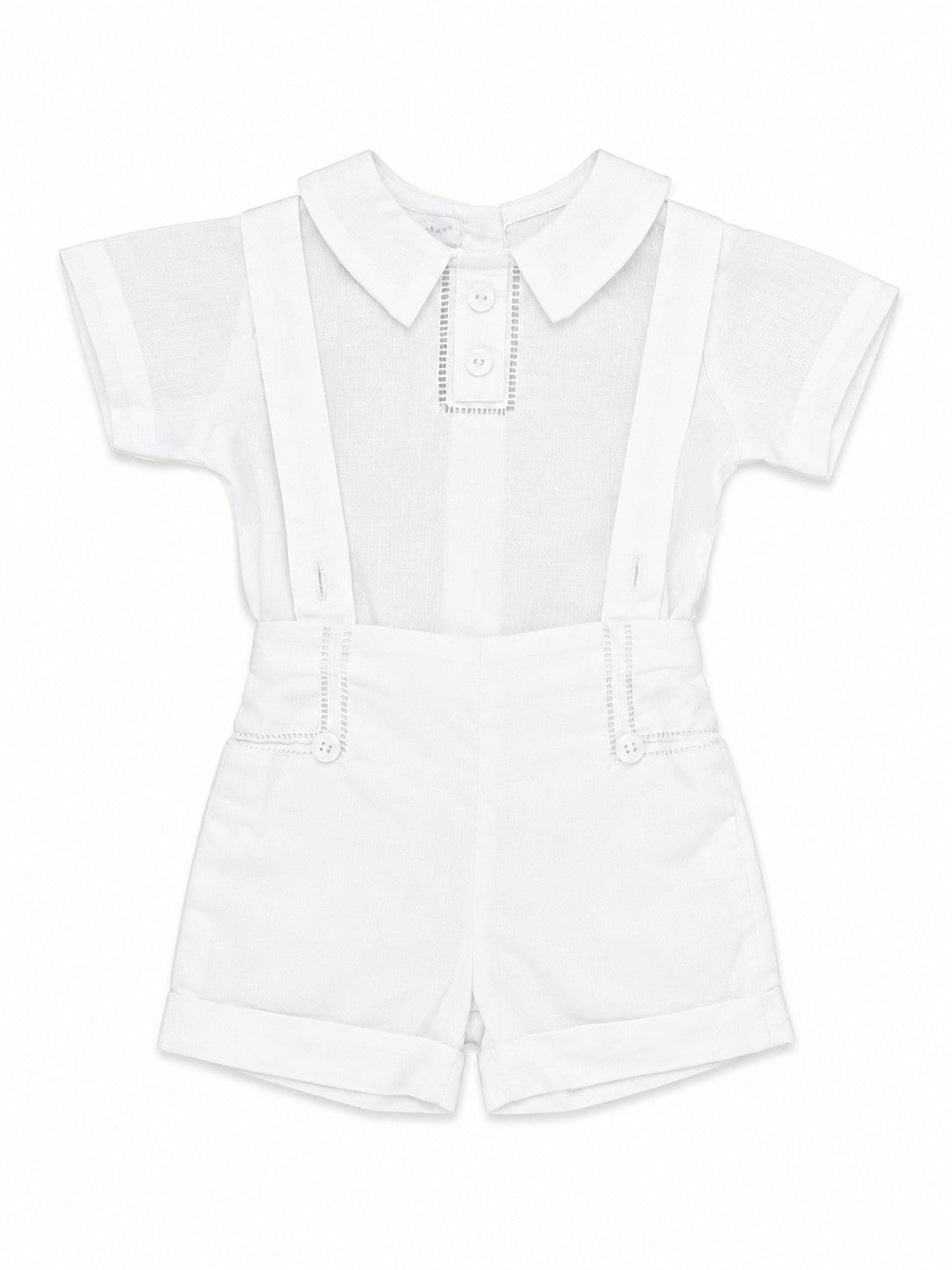 Carriage Boutique white linen cotton baby boy christening short set with suspenders and hand embroidered details