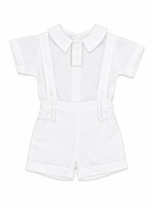 Carriage Boutique white linen cotton baby boy christening short set with suspenders and hand embroidered details