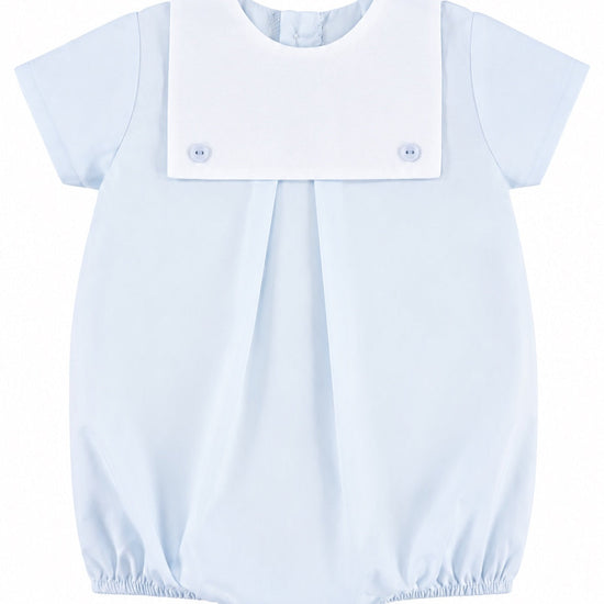 Carriage Boutique baby boy bubble romper in light blue cotton with a white sailor collar and button back closure