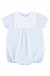 Carriage Boutique baby boy bubble romper in light blue cotton with a white sailor collar and button back closure