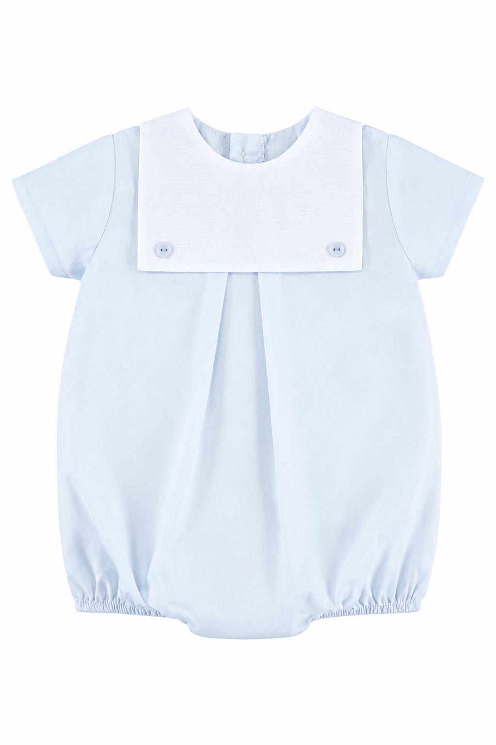 Carriage Boutique baby boy bubble romper in light blue cotton with a white sailor collar and button back closure