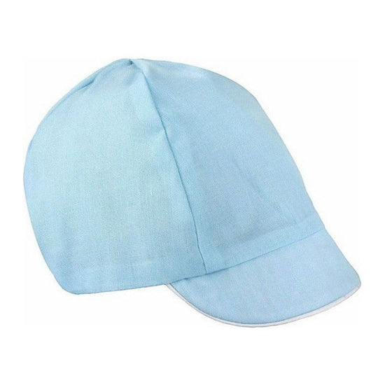 Carriage Boutique sky blue baby boy hat with white trim, part of a smocked train bubble romper set.