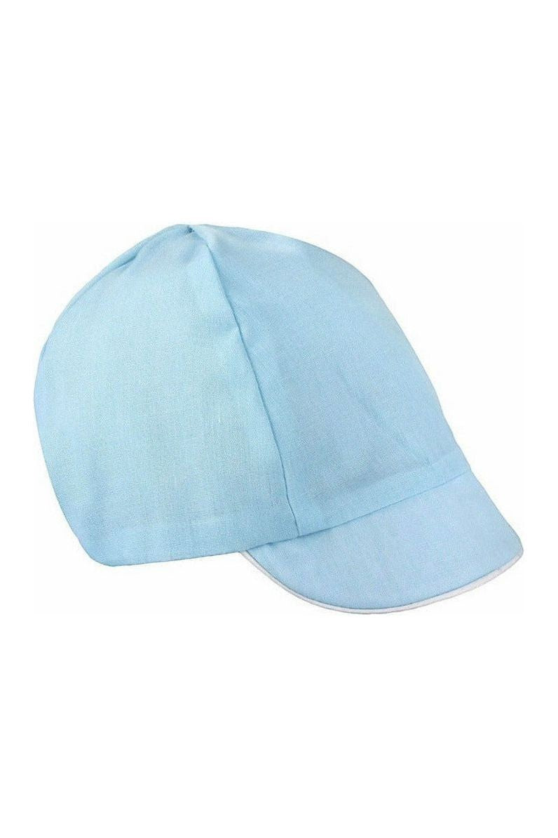 Carriage Boutique sky blue baby boy hat with white trim, part of a smocked train bubble romper set.