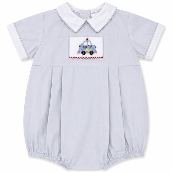 Carriage Boutique baby boy light blue cotton bubble romper with hand smocked police car embroidery and white collar