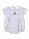 Carriage Boutique baby boy light blue cotton bubble romper with hand smocked police car embroidery and white collar