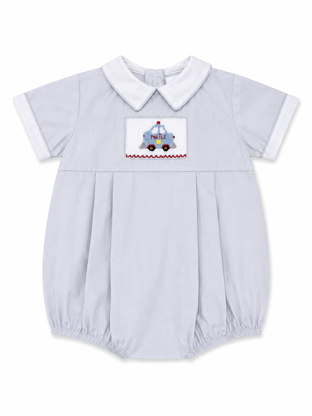 Carriage Boutique baby boy light blue cotton bubble romper with hand smocked police car embroidery and white collar