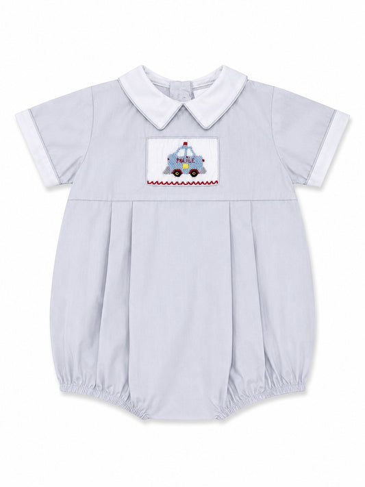 Carriage Boutique baby boy light blue cotton bubble romper with hand smocked police car embroidery and white collar