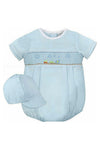 Carriage Boutique baby boy sky blue smocked bubble romper with train embroidery and matching hat.