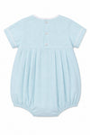 Carriage Boutique baby boy sky blue smocked bubble romper with train embroidery and matching hat.