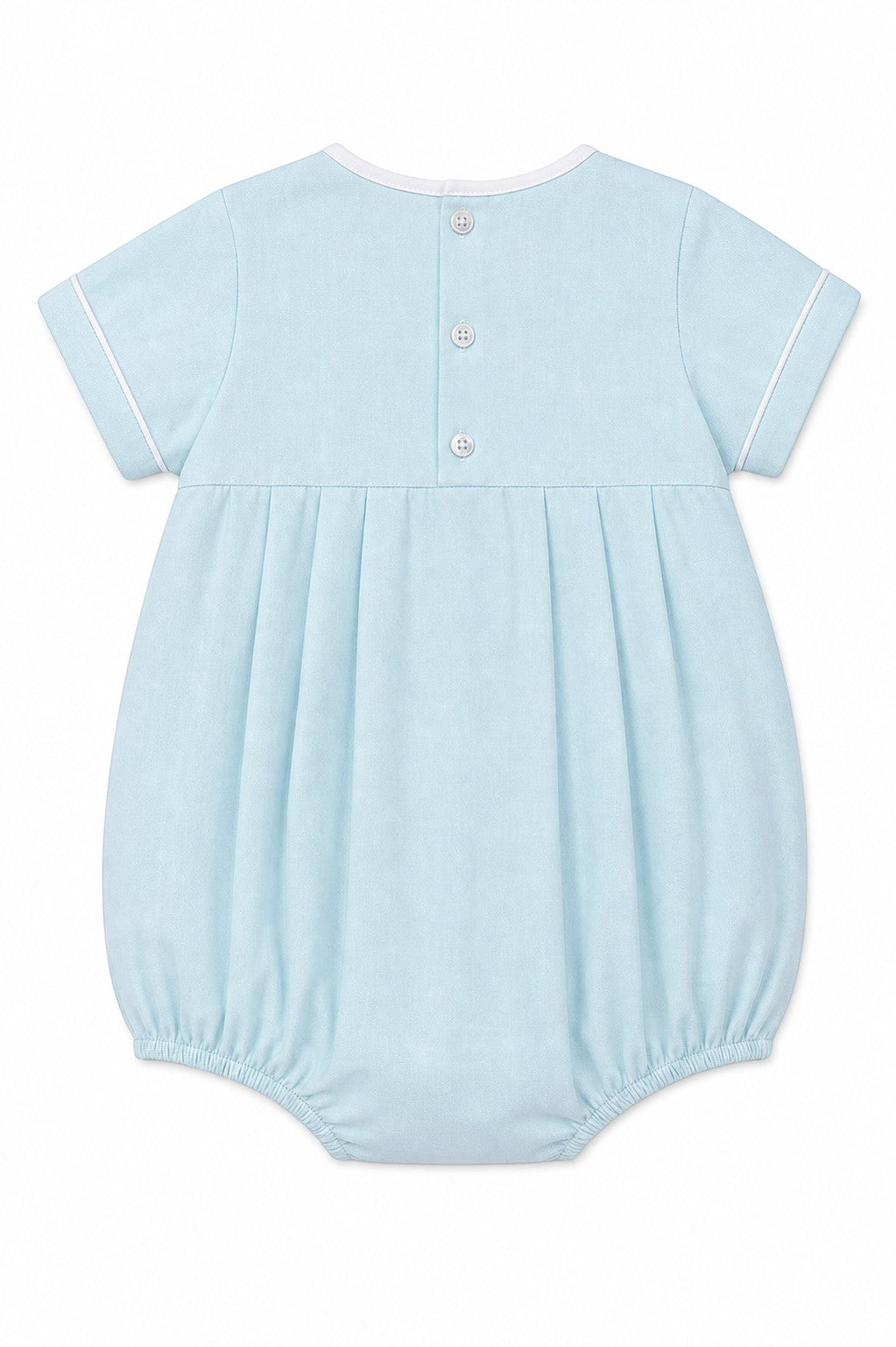 Carriage Boutique baby boy sky blue smocked bubble romper with train embroidery and matching hat.