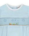 Carriage Boutique baby boy sky blue smocked bubble romper with train embroidery and matching hat.