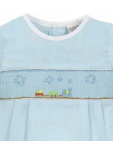 Carriage Boutique baby boy sky blue smocked bubble romper with train embroidery and matching hat.