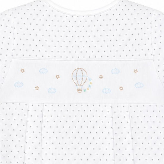 Carriage Boutique white cotton blend baby boys romper with grey polka dots and hot air balloon smocking.