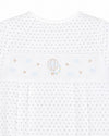 Carriage Boutique white cotton blend baby boys romper with grey polka dots and hot air balloon smocking.